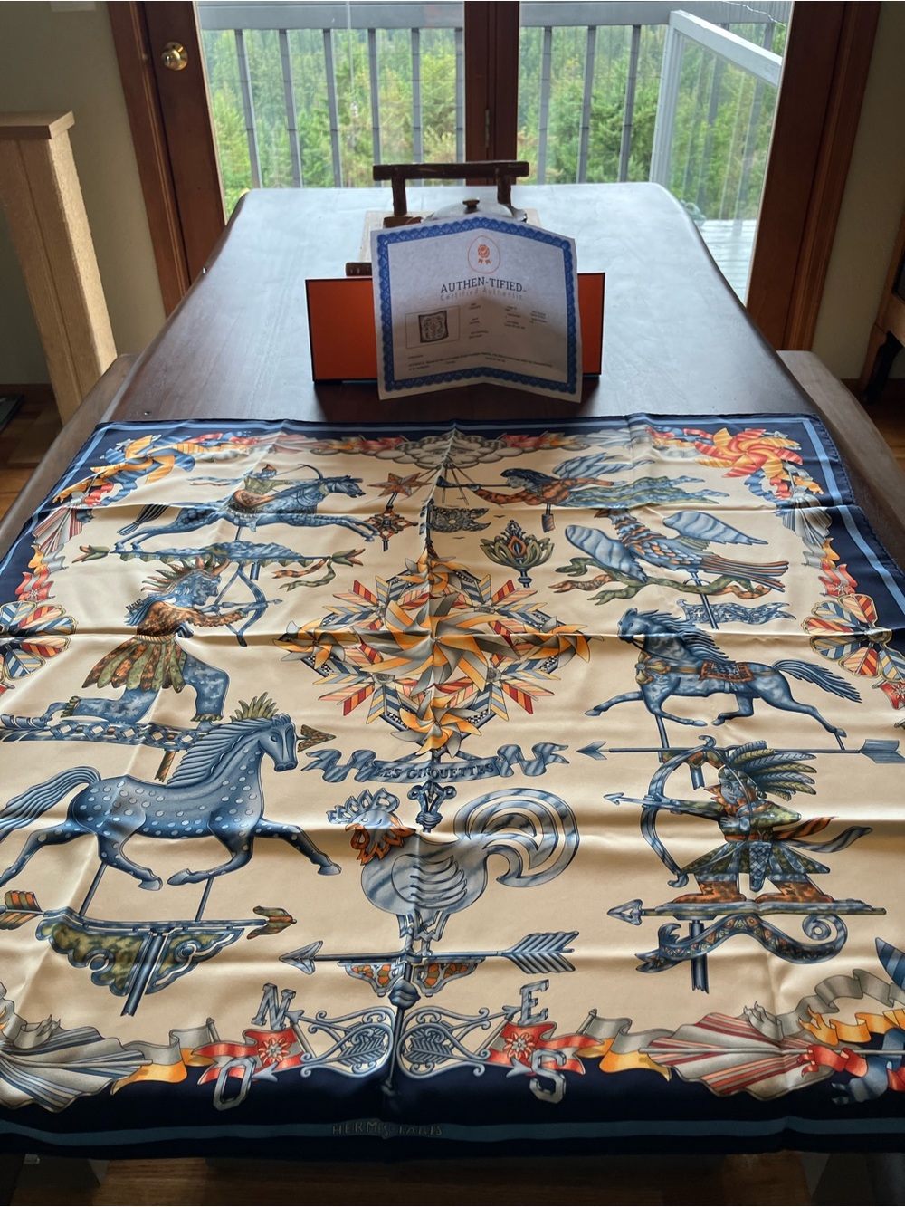 Hermes Blue and Cream Silk Scarf with Carousel Horse Motif - Picture 11 of 11